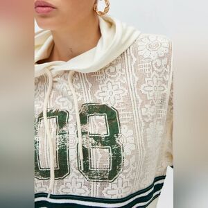 NWT BDG white  Varsity Graphic Spliced crochet Lace Hoodie Sweatshirt size M